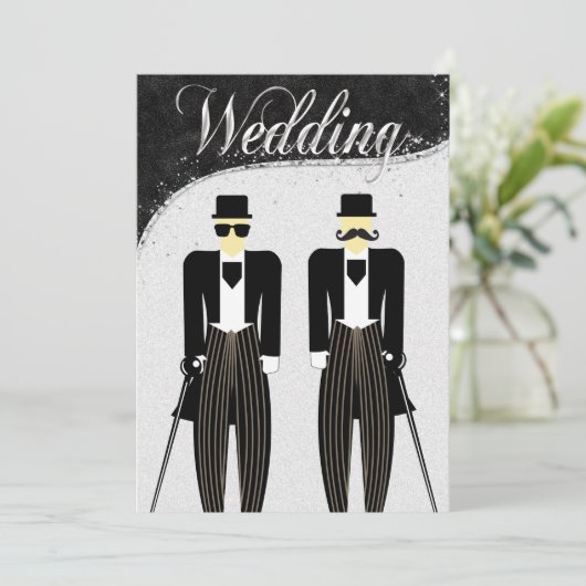Zwart en Zilver Gay bruiloft uitnodiging (Staand voorkant)