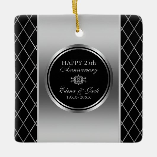 Zwart en zilver geometrisch ontwerp- 25 Jubileum Keramisch Ornament (Voorkant)