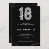 Zwart en Zilver Glitter 18e verjaardag Uitnodiging (Voorkant / Achterkant)