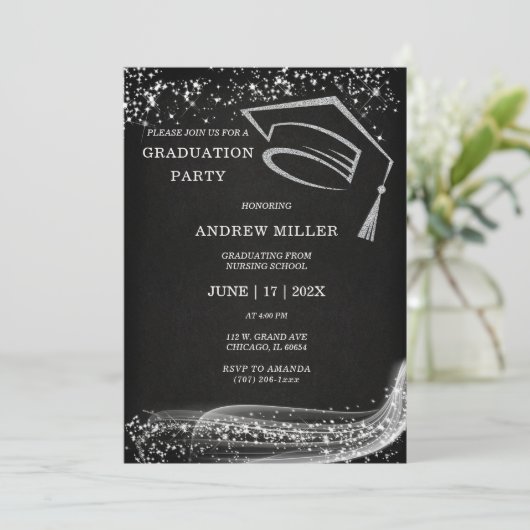 Zwart en Zilver Glitter Afstuderen Kaart (Staand voorkant)