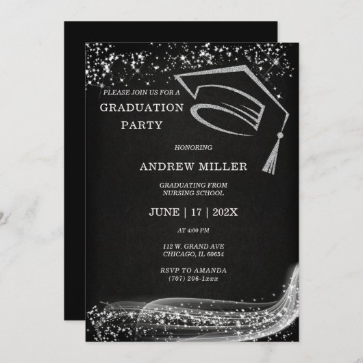 Zwart en Zilver Glitter Afstuderen Kaart (Voorkant / Achterkant)