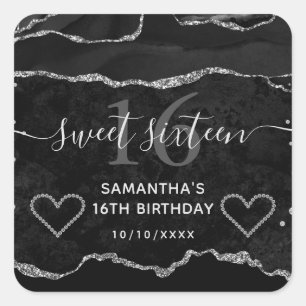 Zwart en zilver glitter agaat marmer Sweet 16 Vierkante Sticker