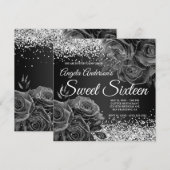 Zwart en Zilver Glitter Bloemen Glam Sweet Sixteen Kaart (Voorkant / Achterkant)
