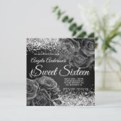Zwart en Zilver Glitter Bloemen Glam Sweet Sixteen Kaart (Staand voorkant)