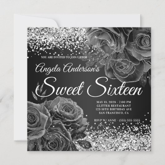 Zwart en Zilver Glitter Bloemen Glam Sweet Sixteen Kaart (Voorkant)