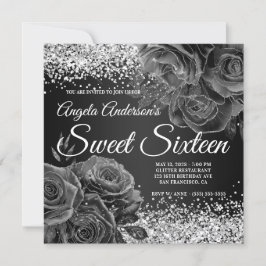 Zwart en Zilver Glitter Bloemen Glam Sweet Sixteen Kaart