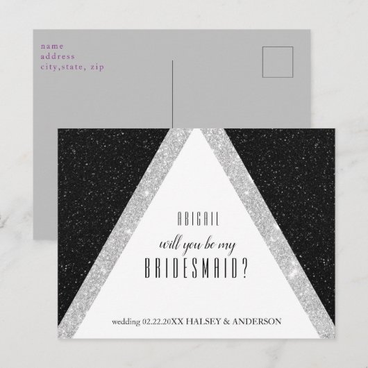 Zwart en Zilver Glitter Bruidsmeisje Vraag Aankondigingskaart (Voorkant / Achterkant)