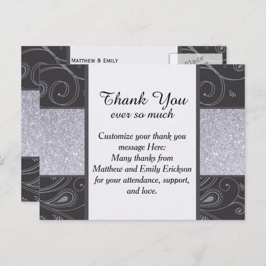 Zwart en Zilver Glitter en wervelingen Ontwerp Briefkaart (Voorkant / Achterkant)