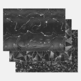 Zwart en Zilver Glitter Geometrische Patronen Inpakpapier Vel