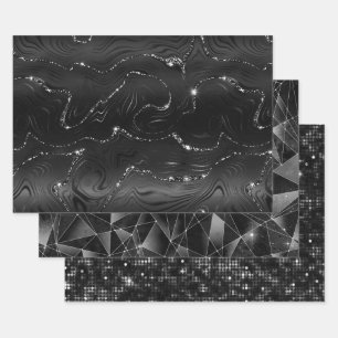 Zwart en Zilver Glitter Geometrische Patronen Inpakpapier Vel