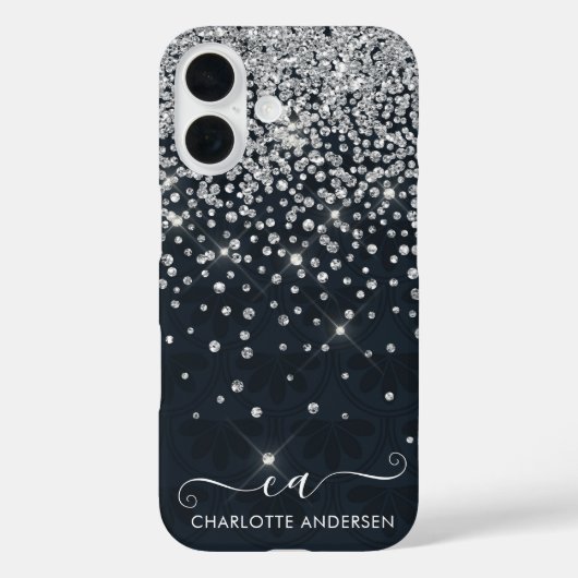 Zwart en zilver Glitter Jeweled Monogram Naam Case-Mate iPhone Case (Achterkant)