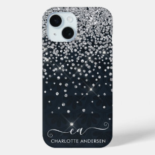 Zwart en zilver Glitter Jeweled Monogram Naam iPhone 15 Case