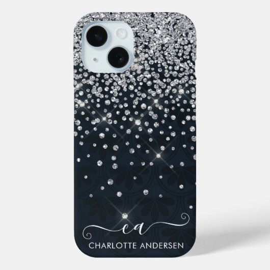 Zwart en zilver Glitter Jeweled Monogram Naam Case-Mate iPhone Case (Achterkant)