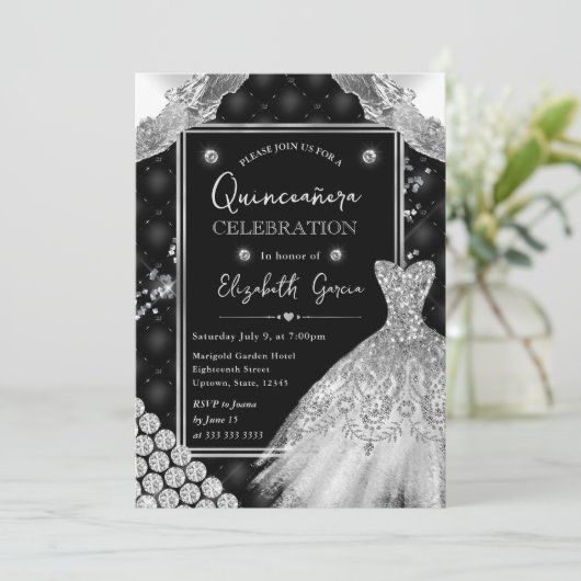 Zwart en Zilver Glitter Jurk Quinceanera Kaart (Staand voorkant)