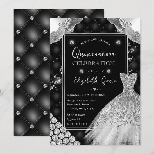 Zwart en Zilver Glitter Jurk Quinceanera Kaart (Voorkant / Achterkant)