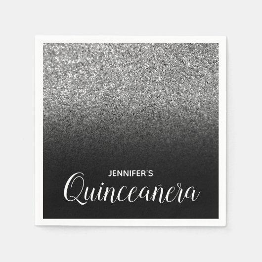 Zwart en Zilver Glitter Ombre Quinceanera Servet (Voorkant)