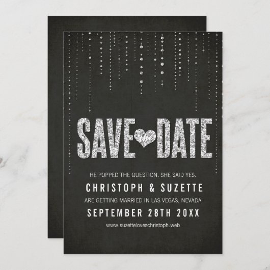 Zwart en zilver glitter Opslaan Datum Save The Date (Voorkant / Achterkant)