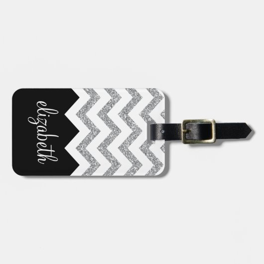 Zwart en zilver Glitter Print Chevron en naam Bagagelabel (Voorkant horizontaal)