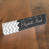Zwart en zilver Glitter Print Chevron en naam Naambordje (Zijkant)