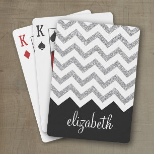 Zwart en zilver Glitter Print Chevron en naam Pokerkaarten