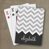 Zwart en zilver Glitter Print Chevron en naam Pokerkaarten