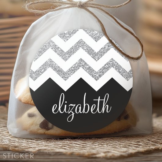 Zwart en zilver Glitter Print Chevron en naam Ronde Sticker