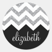 Zwart en zilver Glitter Print Chevron en naam Ronde Sticker (Voorkant)