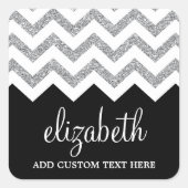 Zwart en zilver Glitter Print Chevron en naam Vierkante Sticker (Voorkant)
