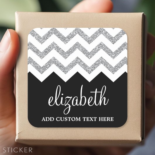 Zwart en zilver Glitter Print Chevron en naam Vierkante Sticker