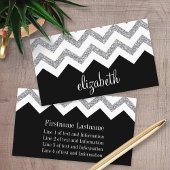 Zwart en zilver Glitter Print Chevron en naam Visitekaartje