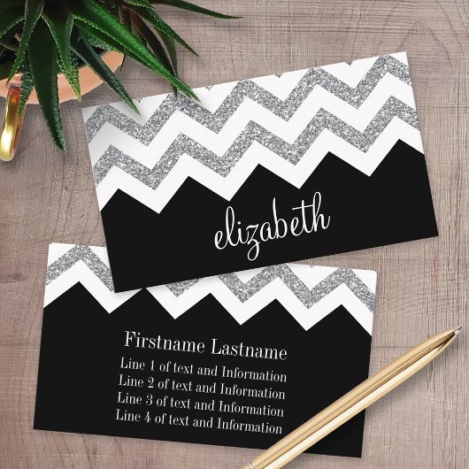 Zwart en zilver Glitter Print Chevron en naam Visitekaartje