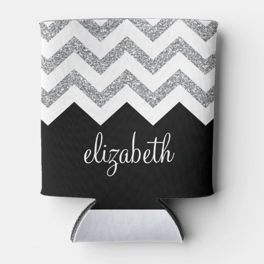 Zwart en zilver Glitter Print Chevrons en naam Blikjeskoeler (Voorkant)