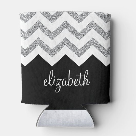 Zwart en zilver Glitter Print Chevrons en naam Blikjeskoeler (Achterkant)