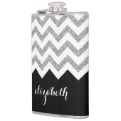 Zwart en zilver Glitter Print Chevrons en naam Heupfles (Links)