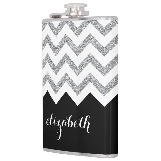 Zwart en zilver Glitter Print Chevrons en naam Heupfles (Links)