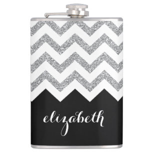 Zwart en zilver Glitter Print Chevrons en naam Heupfles