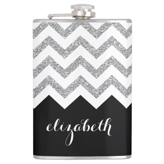 Zwart en zilver Glitter Print Chevrons en naam Heupfles (Voorkant)