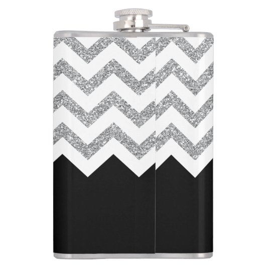 Zwart en zilver Glitter Print Chevrons en naam Heupfles (Achterkant)