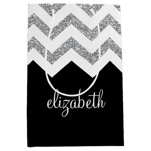 Zwart en zilver Glitter Print Chevrons en naam Medium Cadeauzakje (Voorkant)