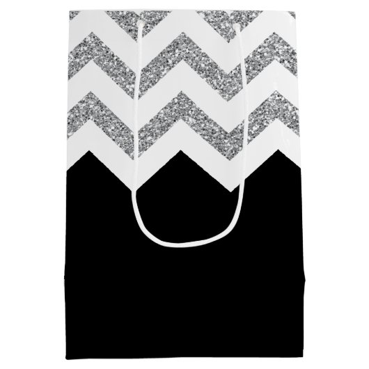 Zwart en zilver Glitter Print Chevrons en naam Medium Cadeauzakje (Achterkant)
