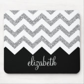 Zwart en zilver Glitter Print Chevrons en naam Muismat (Voorkant)