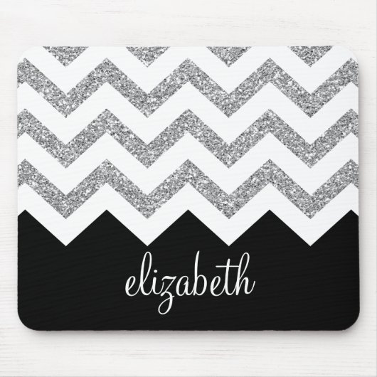 Zwart en zilver Glitter Print Chevrons en naam Muismat (Voorkant)