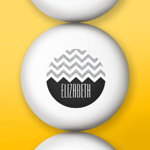 Zwart en zilver Glitter Print Chevrons en naam Pingpongbal