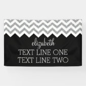 Zwart en zilver Glitter Print Chevrons en naam Spandoek (Horizontaal)