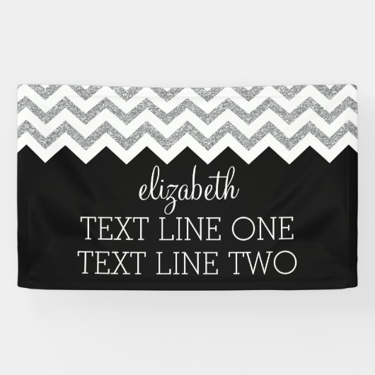 Zwart en zilver Glitter Print Chevrons en naam Spandoek (Horizontaal)