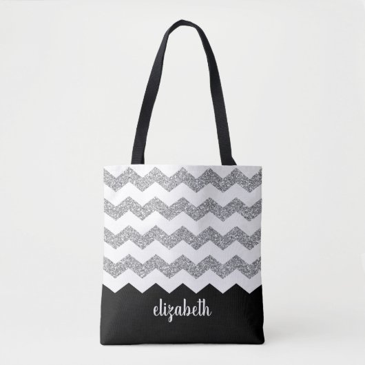 Zwart en zilver Glitter Print Chevrons en naam Tote Bag (Voorkant)