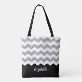 Zwart en zilver Glitter Print Chevrons en naam Tote Bag (Achterkant)