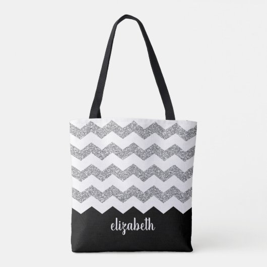 Zwart en zilver Glitter Print Chevrons en naam Tote Bag (Achterkant)