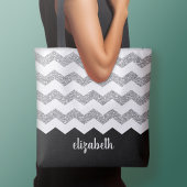 Zwart en zilver Glitter Print Chevrons en naam Tote Bag