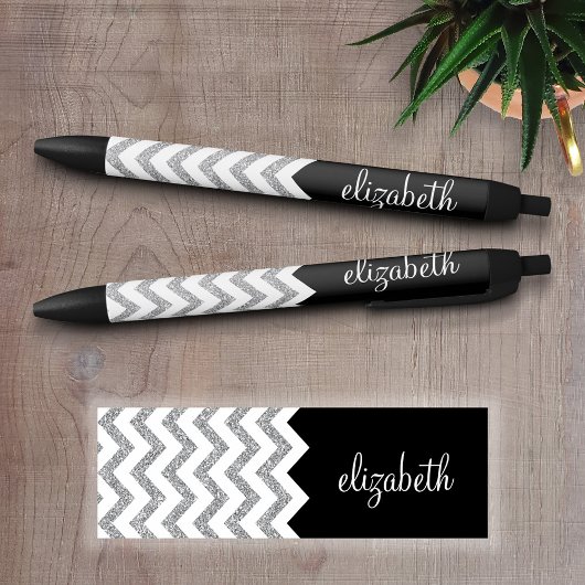 Zwart en zilver Glitter Print Chevrons en naam Zwarte Inkt Pen